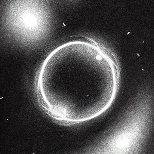 Image similar to a beautiful illustration of a black hole. this hole appears to be a portal to another dimension or reality, and it is emitting a bright, white light. there are also stars and other celestial objects around it. charcoal, botanical illustration by daniel jaems weary