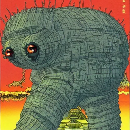 Image similar to a giant tardigrade attacking tokyo, by jean giraud