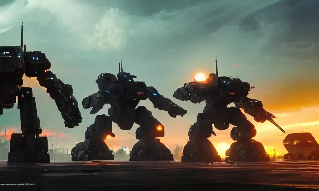 Image similar to Mechs defending the city at sunset, photorealistic, hyperrealistic, digital illustrations, sci-fi illustrations, mechwarrior, battletech, highly detailed, intricate, award-winning, mecha, gritty, beautiful colors, hdr, rendered in Octane, rendered in Unreal engine, 4k, ultra hd