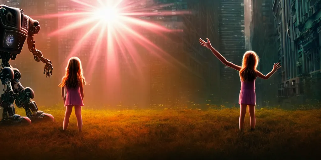 Image similar to sci - fi scene future new york, little girl by herself in the city holding onto the outstretched hand of a giant robot, forest punk, little girl meets robot, crepuscular rays, epic scene, hyper realistic, photo realistic, overgrowth, cinematic atmosphere, ethereal lighting,