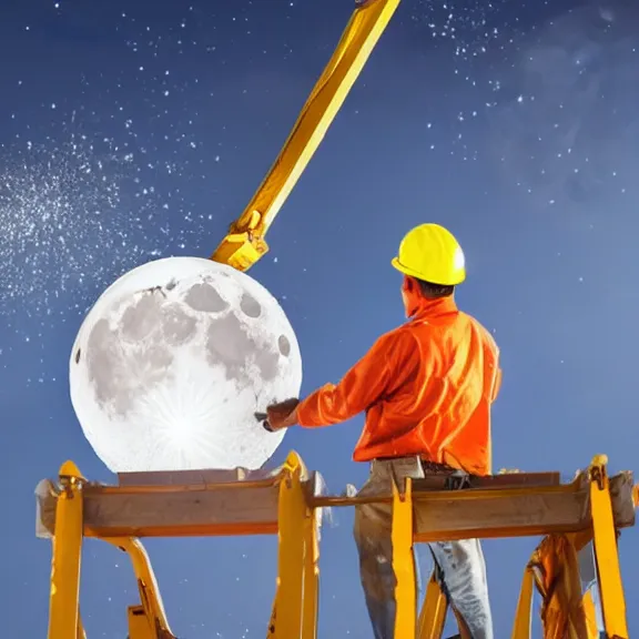 Image similar to two construction workers removing the moon from the sky