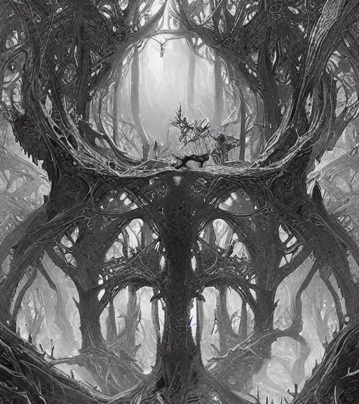 Image similar to beautiful fractal black and white drawing, in the style of greg rutkowski, fantasy, amazing detail, epic, intricate, elegant, smooth, sharp focus