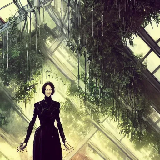 Image similar to portrait of a woman in a black dress standing in an elegant greenhouse garden, dramatic lighting, illustration by greg rutkowski, yoji shinkawa, 4 k, digital art, concept art, trending on artstation