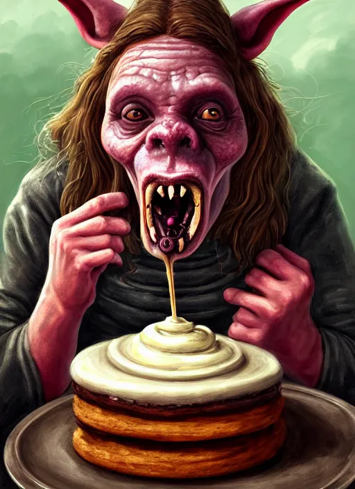 Prompt: portrait of a medieval goblin eating cakes in the cloisters beautiful face hyper realistic highly detailed digital painting artstation illustration co