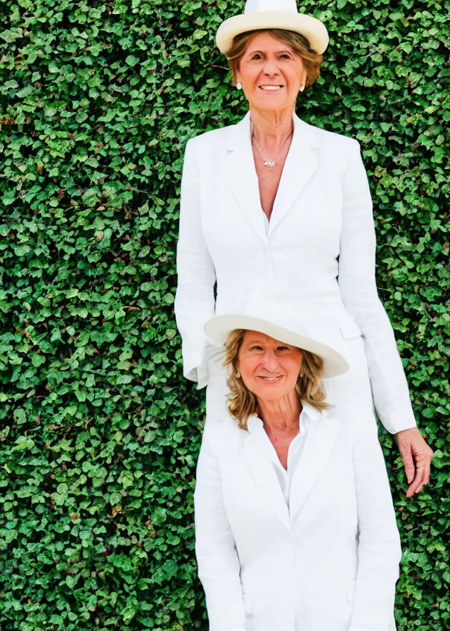 Image similar to portrait photo of a woman in her fifties wearing a white linen trouser suit and panama hat, standing in front of an ivy wall, 8 5 mm f / 1. 8, bokeh, backlit