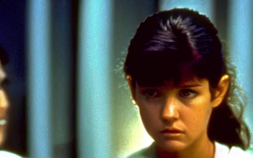 Image similar to full - color cinematic movie still from the 1 9 7 9 film alien starring young phoebe cates as lieutenant ripley. detailed facial - features ; suspense ; action.