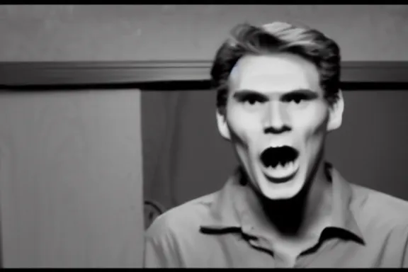 Image similar to a black and white screenshot from a vhs tape of jerma with his mouth unhinged and wide open in the dark