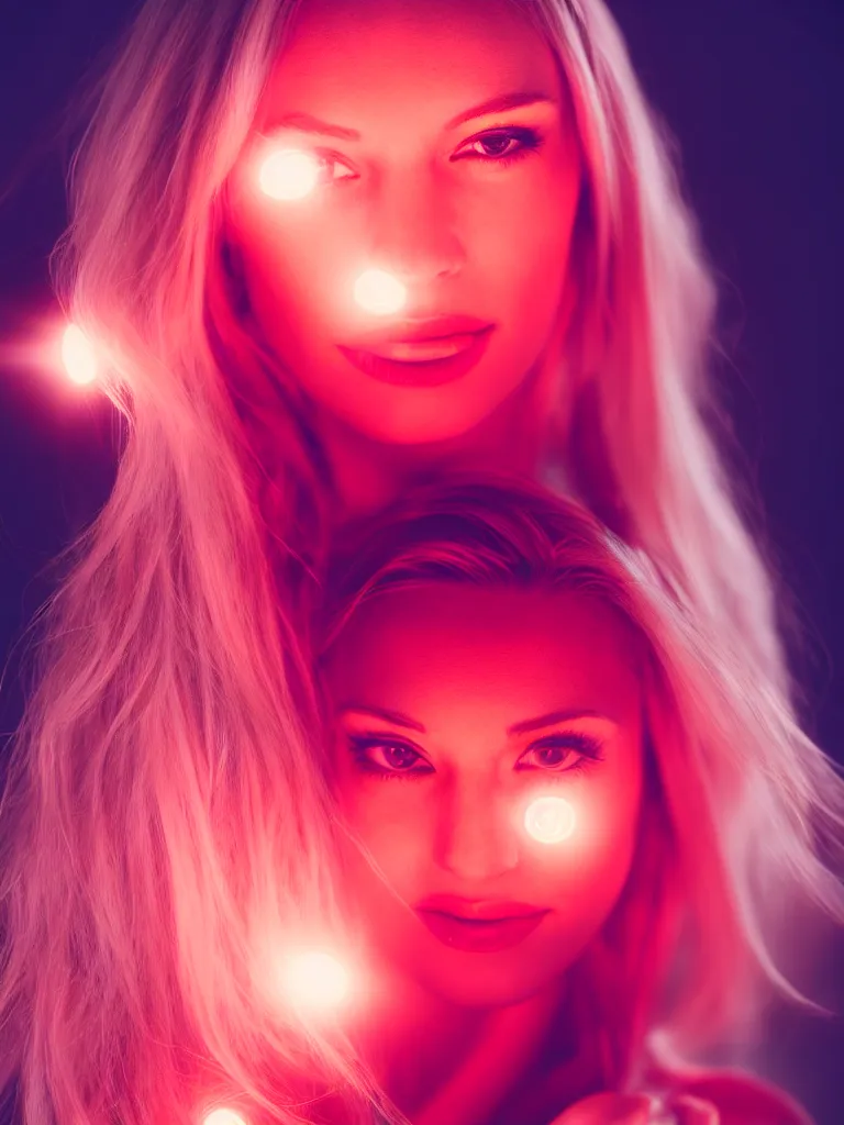 Prompt: photograph of a pretty blond woman illuminated with red light, soft light, night