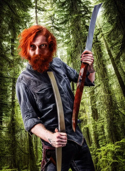 Image similar to grungy redhead 30-something scruffy bearded shoulder-length hair swordsman holding a short curved sword in a ultradetailed pacific northwest redcedar forest, smooth. sharp focus, grunge dingy matte painting detailed,