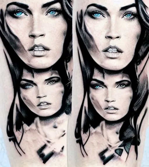 Image similar to realistic tattoo sketch of a megan fox face double exposure mountain scenery, in the style of matteo pasqualin, amazing detail, sharp, faded