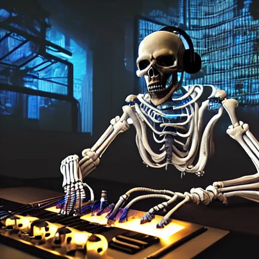 Prompt: cyberpunk skeleton with headphones playing synthesizer, smoke, lights, lasers, highly detailed, realistic, technology and magic,