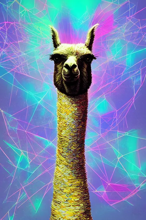 Image similar to vivid 3D animated designscapes with bursts of radiant particles–building an ethereal llama portrait, professional concept art, trending on artstation, geometric llama