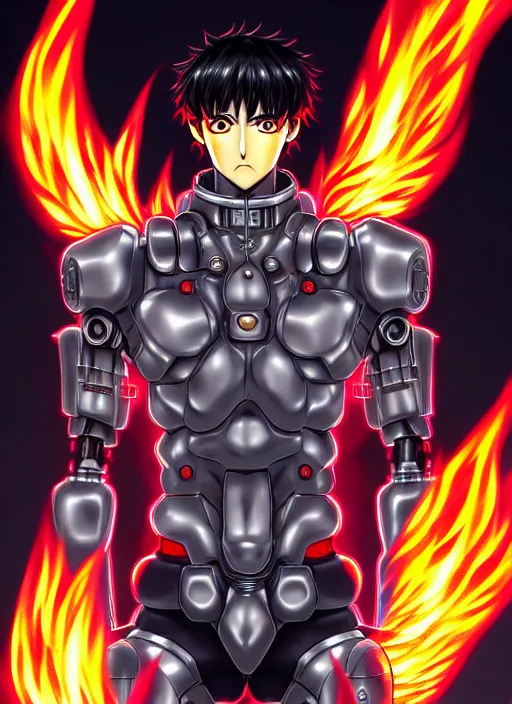 Image similar to a detailed manga full body portrait illustration of a dark haired cyborg anime man surrounded by fire by hirohiko araki, detailed artwork, realism, 4 k resolution, detailed, high quality, sharp focus, hq artwork, insane detail, volumetric lighting, character concept art, fine details, clear subject, central subject