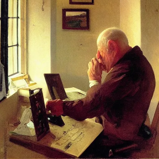 Image similar to poor grandpa trying to figure out how to send an email sitting in his small room looking at his lenovo thinkpad laptop t 4 1 0 8 gb ram jamie wyeth greg rutkowski winslow homer thomas eakins lucian freud edward hopper j. m. w. turner oil painting