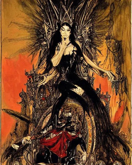 Image similar to an illustration of a dark queen on a throne at night by marc davis and by gustave moreau, realistic, gouache, painting