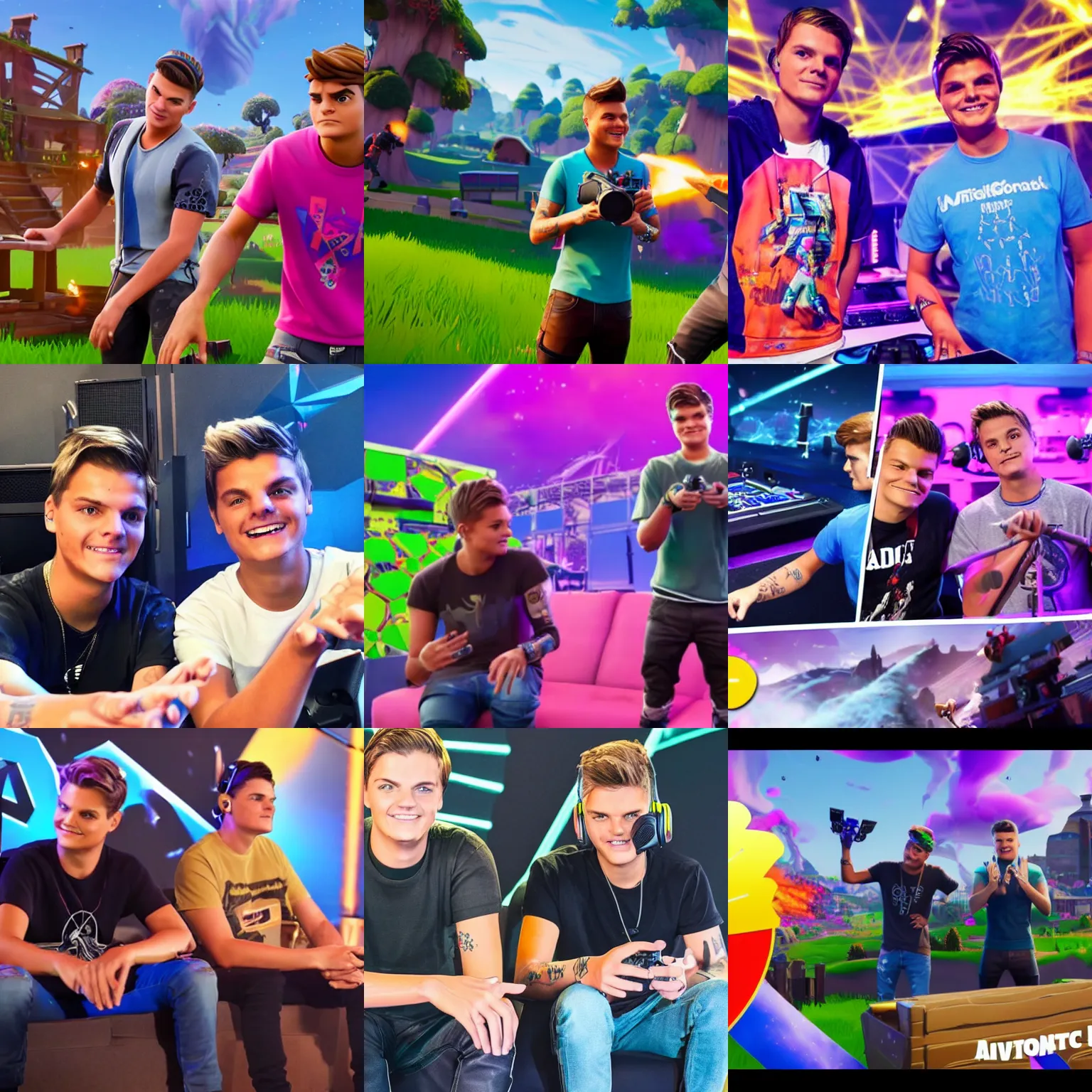 Prompt: avicii and martin garrix playing fortnite on ps 4 and singing on tomorrowland
