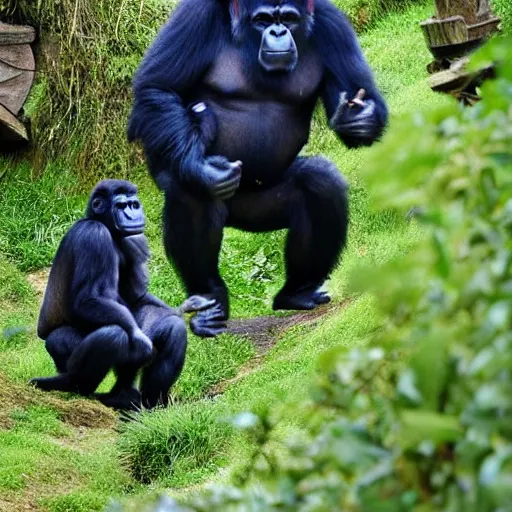 Prompt: gorillas in The Shire Hobbiton