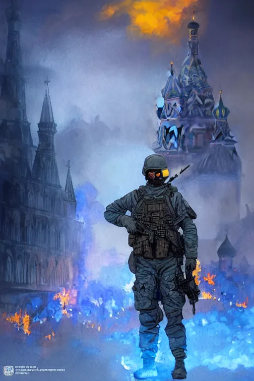 Image similar to special forces soldier with ukrainian blue and yellow shoulder patch watches red square kremlin burn in the background, d & d, fantasy, bright atmosphere, volumetric lights, intricate, elegant, extremely detailed, digital painting, artstation, concept art, matte, smooth, sharp focus, hyper realistic, illustration, art by artgerm and greg rutkowski and alphonse mucha