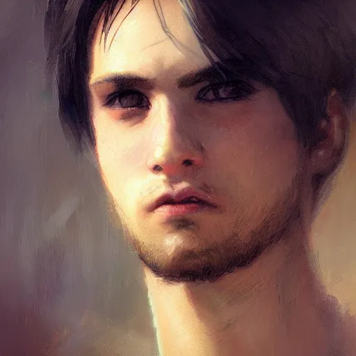 Prompt: A handsome, cute emo guy, close-up portrait by Gaston Bussiere, Craig Mullins, trending on artstation, artstationHD, artstationHQ, artstation digital artwork