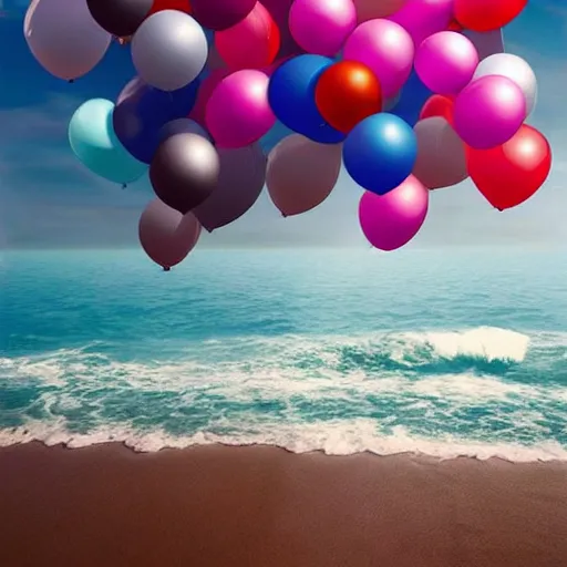 Prompt: a lot of floating birthday balloons. beautiful beach. digital art, highly - detailed, artstation cgsociety masterpiece
