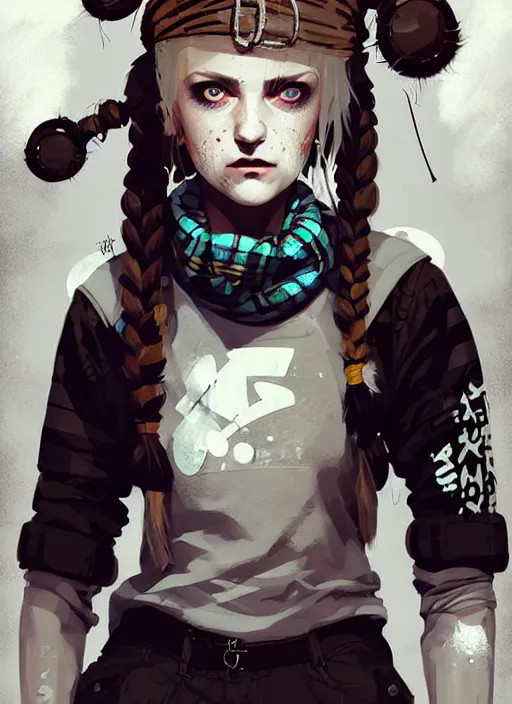 Image similar to highly detailed closeup portrait of a sewer punk swedish female road warrior student, tartan garment, blonde hair pigtails with headband by atey ghailan, by greg rutkowski, by greg tocchini, by james gilleard, by joe fenton, by kaethe butcher, gradient sapphire, black, brown and white color scheme, grunge aesthetic!!! white graffiti tag wall background