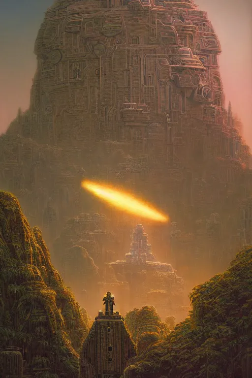 Prompt: a single lonely spaceship, robot city ruins, ancient alien head stone statues, small astronauts, overgrown, retro futurism by tim hildebrandt, wayne barlowe, bruce pennington, donato giancola, larry elmore, masterpiece, trending on artstation, cinematic composition, beautiful lighting, sharp, details, hd, 8 k