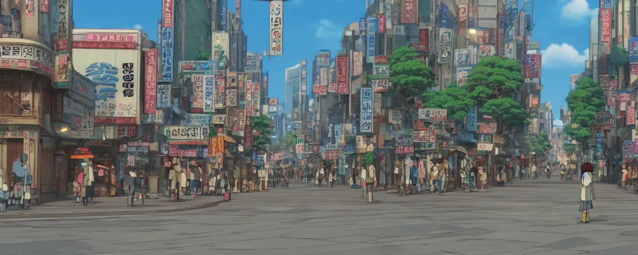 Image similar to A screenshot of the seoul city street in the scene in the Ghibli anime film, pretty rim highlights and specular