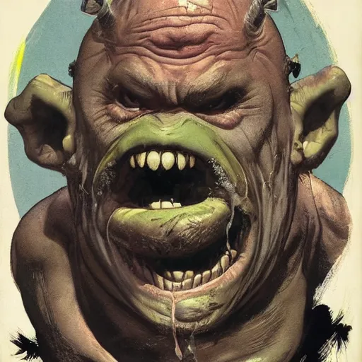 Image similar to grinning grimpunk vile reprobate portrait portrait Cyclops Cyclops Cyclops Polyphemus shrek with tombow norman rockwell greg rutkowski frank frazetta alexandre briclot Dave Dorman splatterpaint