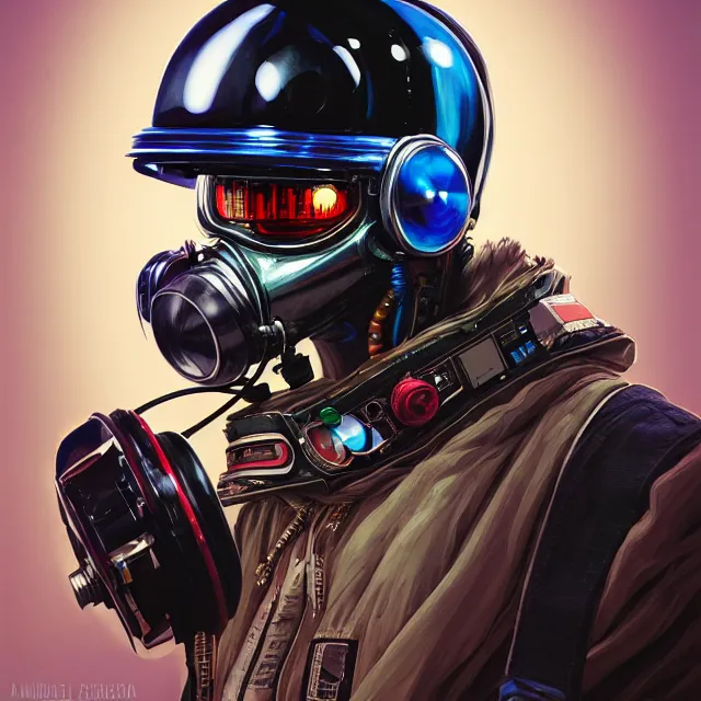 Image similar to a portrait of an anthropomorphic cyberpunk baboon in a racing helmet by sandra chevrier, detailed render, tape deck, boombox, headphones, epic composition, cybernetics, 4 k realistic, cryengine, realistic shaded lighting, sharp focus, masterpiece, by matteo scalera, gary montalbano, peter elson in the style of the tokyo ghost comic