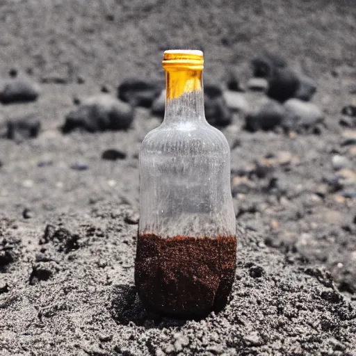 Prompt: symmetrical photo of small bottle standing, volcano background