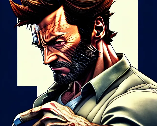 Image similar to hugh jackman as wolverine from logan, hyper - realistic, gta v cover art, cel shading, sharp focus, intricate, detailed, rhads, andreas rocha, makoto shinkai, lois van baarle, ilya kuvshinov, greg rutkowski, dynamic lighting, grunge aesthetic, 4 k