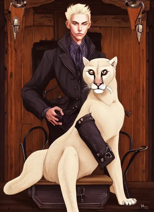 Image similar to beautiful portrait commission of a male furry anthro albino mountain lion in an old-timey Saloon wearing old-timey clothes. Atmospheric. Character design by charlie bowater, ross tran, artgerm, and makoto shinkai, detailed, inked, western comic book art