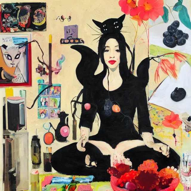 Prompt: a portrait in a female artist's zen bedroom, black walls, catgirl eating berries, sheet music, surgical supplies, pancakes, black flowers, sensual, octopus, neo - expressionism, surrealism, acrylic and spray paint and oilstick on canvas