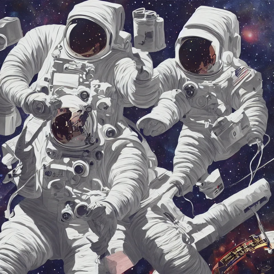 Prompt: one astronaut with headphone playing keyboard in the space, digital painting, digital art, illustrated by alex ross