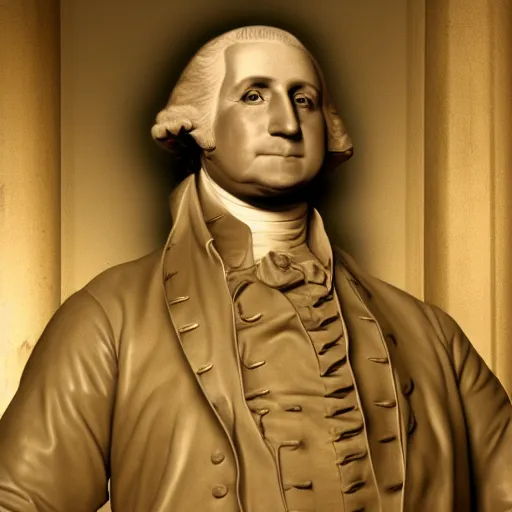 Image similar to still of George Washington posing st Mr. Olympia, full body shot, hyperrealistic, high quality, extremely detailed, face details, powerful, sharp focus, real person