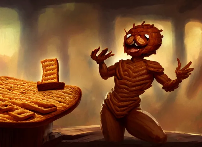 Prompt: a character made out of bread and toast giving a speech in front of a podium, audience in the background, by marco bucci and frank frazetta, magic : the gathering fantasy concept art, high resolution, fantasy coloring, intricate, digital painting, artstation, smooth, sharp focus