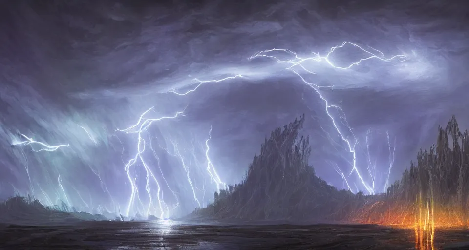 Prompt: electric lightning castle in the center of the dante alighieri hell,, aurora boreal, thunder, intricate, elegant, glowing lights, highly detailed, digital painting, artstation, concept art, smooth, sharp focus, illustration, epic composition, great space, greg rutkowski, 8 k, very high resolution, astrophotography, processing, extremely hyperdetailed