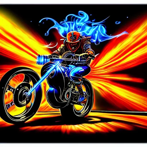 Image similar to psychedelic blacklight neon airbrush artwork, motorcycle, hyper stylized cinematic action shot of an orc racing on a motorcycle, menacing orc, drifting, skidding, wheelie, clear focused details, soft airbrushed artwork, black background, post apocalypse, cgsociety, artstation