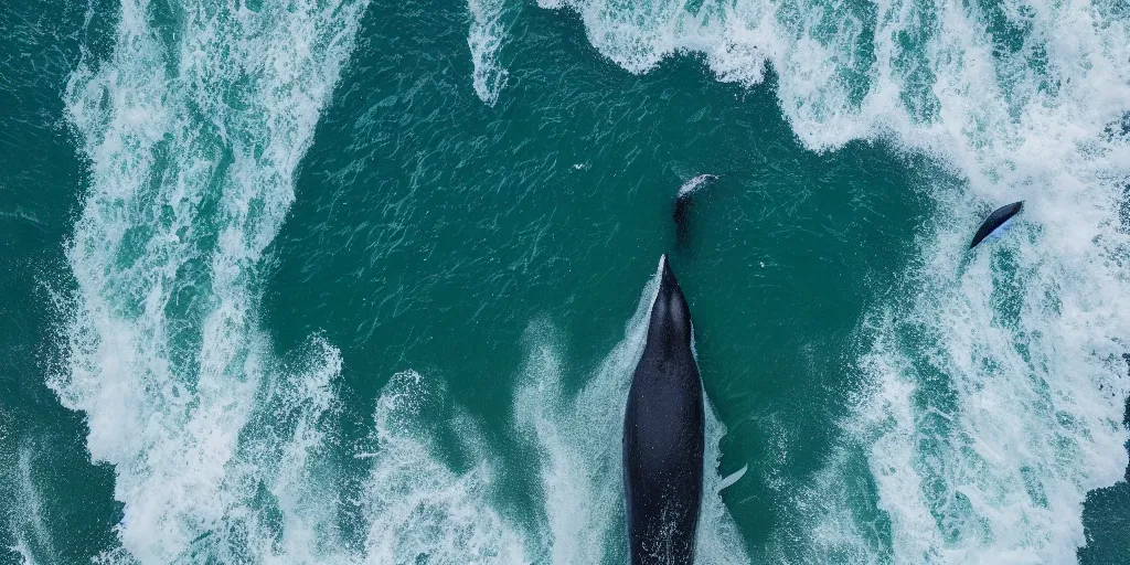 Prompt: Drone view of a whale off the coast by Jessica Rossier