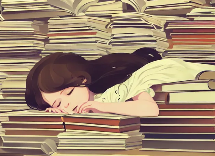 Image similar to a little girl with short wavy curly light brown hair is asleep in pile of books. clean cel shaded vector art. shutterstock. behance hd by lois van baarle, artgerm, helen huang, by makoto shinkai and ilya kuvshinov, rossdraws, illustration, art by ilya kuvshinov