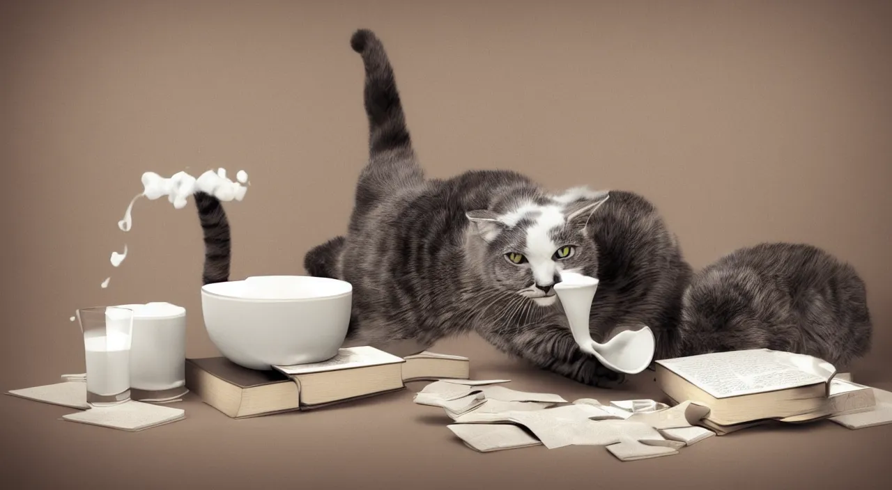 Prompt: a cat drinking milk in a bowl, next to the cat is some books, octane render