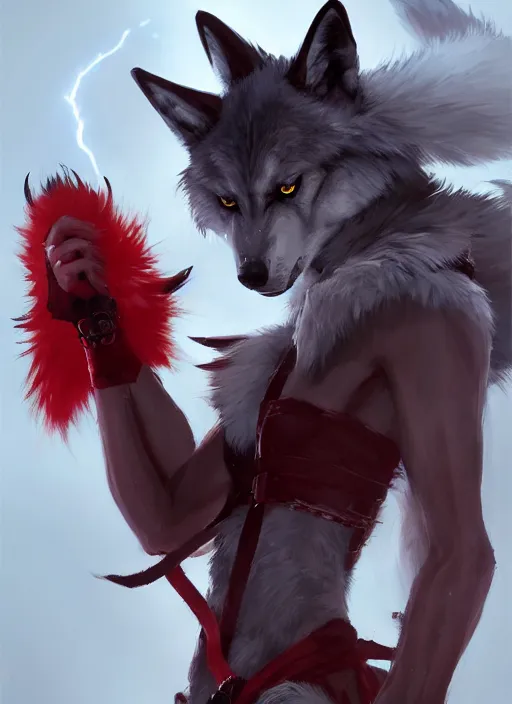 Prompt: A concept art of a humanoid wolf female ninja, red and white fur, holding a kusarigama. In style of Hyung-tae Kim, Greg Rutkowski and Larry Elmore, concept art, trending on ArtStation, Korean MMORPG, over-detailed art, 8K, epic, dynamic lightning, dynamic pose, half body portrait.