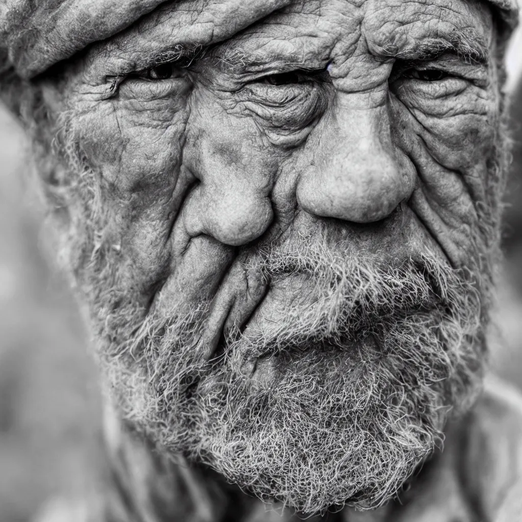 Image similar to an ancient man, extreme wrinkles, time weighs heavily, old beyond his years