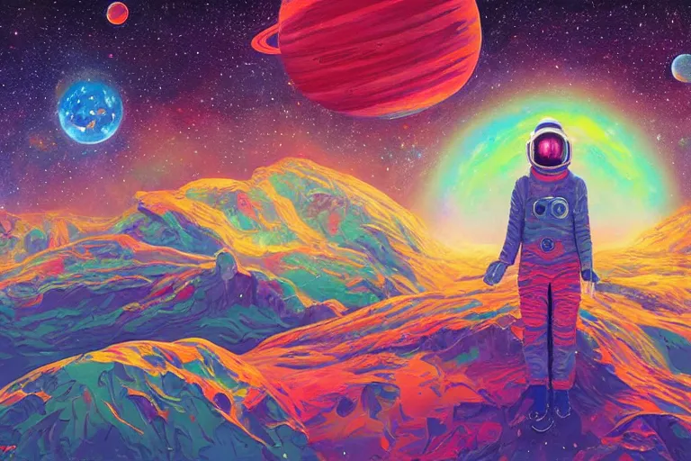 Prompt: space landscape, illustration painting, oil on canvas, intricate, portrait, detailed illustration, hd, digital art, overdetailed art, concept art, complementing colors, detailed, illustration painting by alex gray, digital art, overdetailed art, concept art, complementing colors rendered by beeple, syd meade,