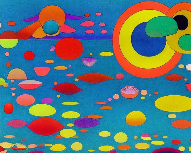 Image similar to Ocean waves in a psychedelic dream world. Wayne Thiebaud. Takashi Murakami. Paul Klee. Minimalist.