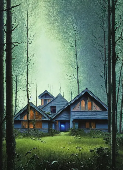 Image similar to hyper realistic witchy modern house with mood lighting and tech in the woods gorgeous lighting, blue sky, highly detailed, lush forest foliage painting by zdzisław beksinski and norman rockwell and greg rutkowski weta studio, and lucasfilm