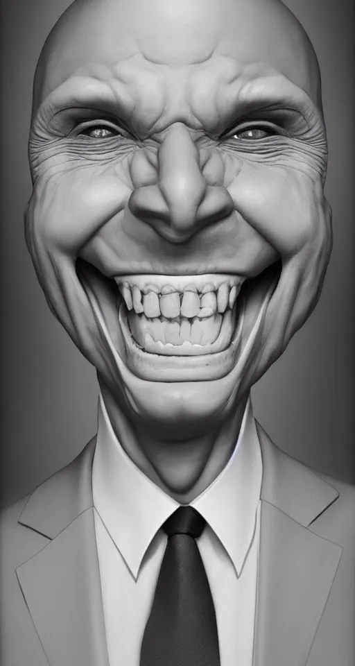 Image similar to a hyper realistic portrait of a smiling male alien in a suit for advertisement, artstation