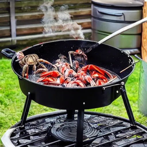crabs boiling in pot on propane burner, lots of steam Stable