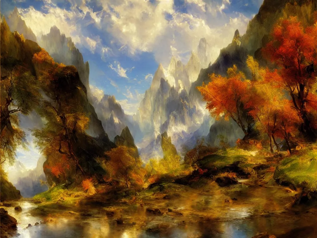 Image similar to a beautiful landscape painting by thomas moran, trending on arstation