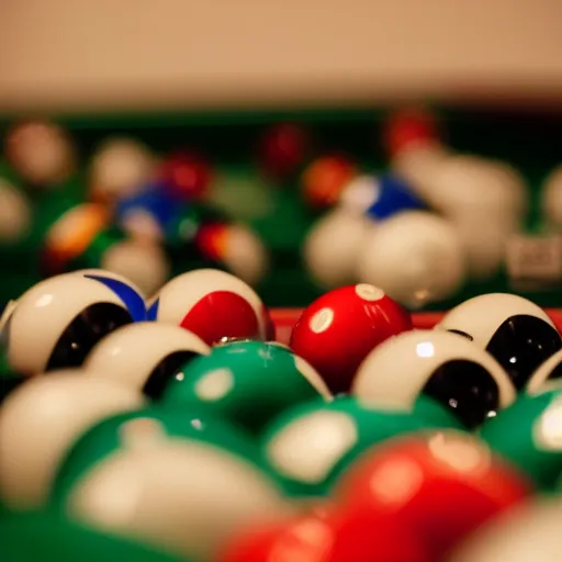 Prompt: Billiard balls on a billiard table, photograph, Sigma 85mm f/1.4, award winning
